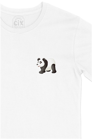 Tatlı Panda Tasarım Cep Logo Tasarımlı Beyaz Tişört