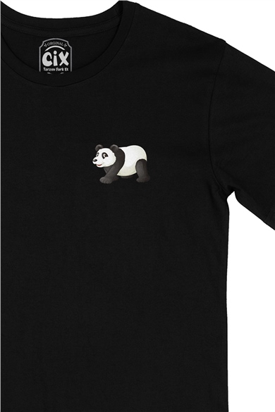 Tatlı Panda Tasarım Cep Logo Tasarımlı Siyah Tişört