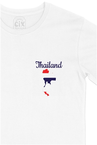 Tayland Haritalı ve Bayraklı Cep Logo Tasarımlı Beyaz Tişört