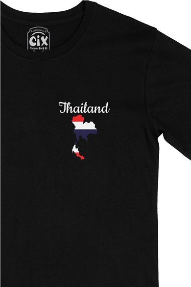 Tayland Haritalı ve Bayraklı Cep Logo Tasarımlı Siyah Tişört
