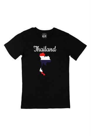 Tayland Haritalı ve Bayraklı Siyah Tişört