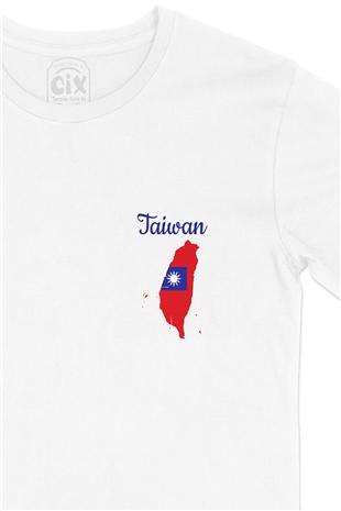 Tayvan Haritalı ve Bayraklı Cep Logo Tasarımlı Beyaz Tişört