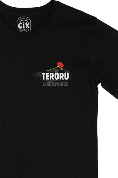 Terörü Lanetliyoruz Cep Logo Tasarımlı Siyah Tişört