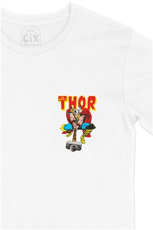 Thor The Mighty Avenger Cep Logo Tasarımlı Beyaz Tişört