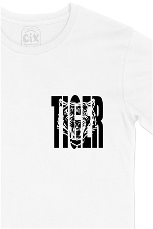 Tiger Kaplan Cep Logo Tasarımlı Beyaz Tişört