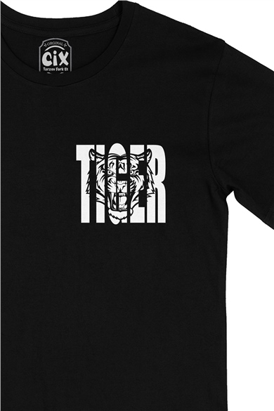 Tiger Kaplan Cep Logo Tasarımlı Siyah Tişört