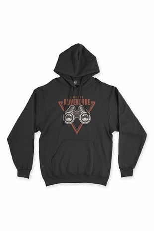Time For Adventure Siyah Kapşonlu Sweatshirt Hoodie