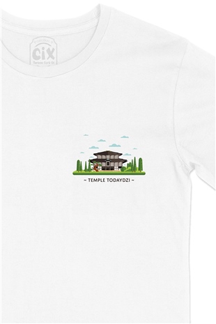 Todaiji Tapınağı Cep Logo Tasarımlı Beyaz Tişört