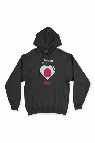 Tokyo Japonya Bayraklı Kalpli Siyah Sweatshirt Hoodie