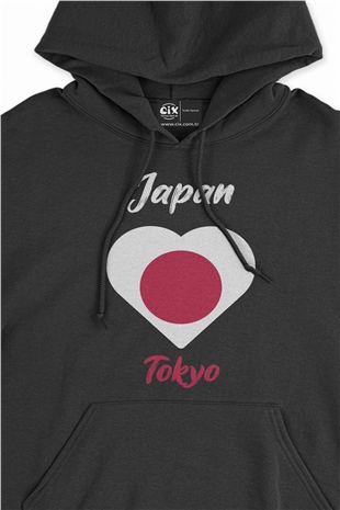 Tokyo Japonya Bayraklı Kalpli Siyah Sweatshirt Hoodie