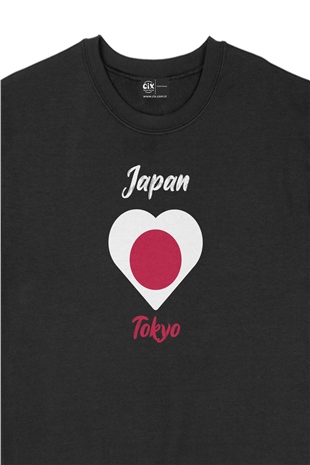 Tokyo Japonya Bayraklı Kalpli Siyah Sweatshirt