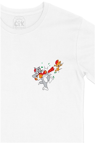 Tom and Jerry Cep Logo Tasarımlı Beyaz Tişört