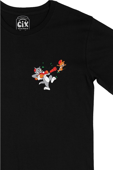 Tom and Jerry Cep Logo Tasarımlı Siyah Tişört