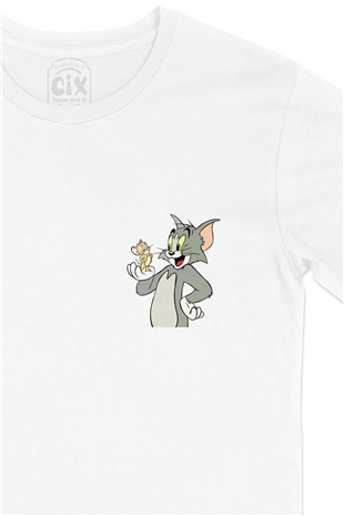 Tom Jerry Kedi Fare Cep Logo Tasarımlı Beyaz Tişört