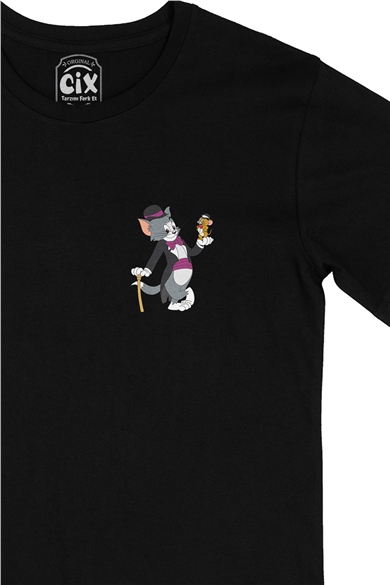 Tom Jerry Yakalanış Cep Logo Tasarımlı Siyah Tişört