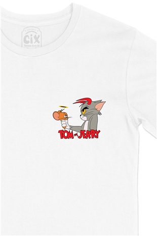 Tom Jerry Yakalanış Cep Logo Tasarımlı Beyaz Tişört
