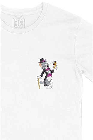 Tom ve Jerry Arkadaş Cep Logo Tasarımlı Beyaz Tişört