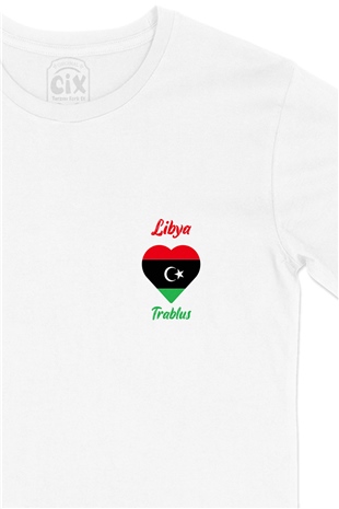 Trablus Libya Bayraklı Kalpli Cep Logo Tasarımlı Beyaz Tişört