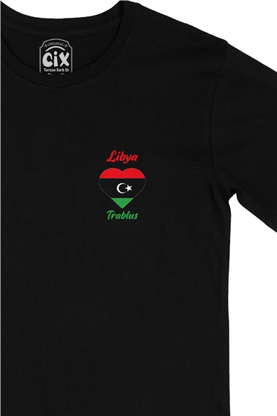 Trablus Libya Bayraklı Kalpli Cep Logo Tasarımlı Siyah Tişört