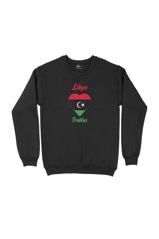 Trablus Libya Bayraklı Kalpli Siyah Sweatshirt