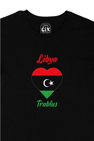 Trablus Libya Bayraklı Kalpli Siyah Tişört