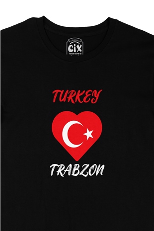 Trabzon Türkiye Bayraklı Kalpli Siyah Tişört