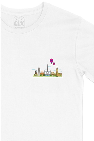 Travel To Europe 2 Cep Logo Tasarımlı Beyaz Tişört