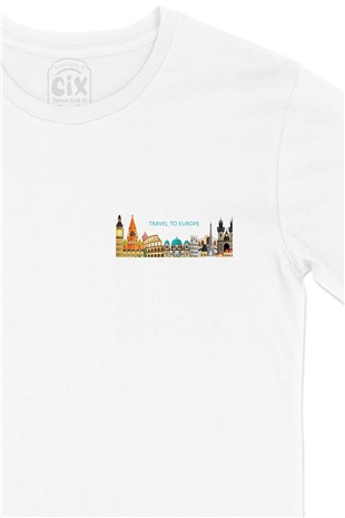 Travel To Europe Cep Logo Tasarımlı Beyaz Tişört