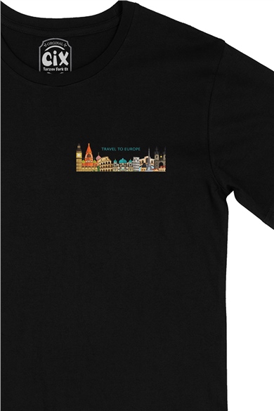 Travel To Europe Cep Logo Tasarımlı Siyah Tişört