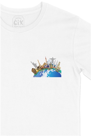 Travel To World 2 Cep Logo Tasarımlı Beyaz Tişört