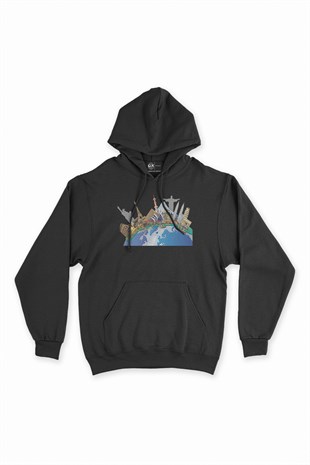 Travel To World 2 Siyah Kapşonlu Sweatshirt Hoodie