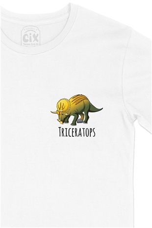 Triceratops Dinozor Cep Logo Tasarımlı Beyaz Tişört
