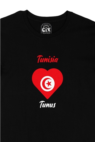 Tunus Bayraklı Kalpli Siyah Tişört