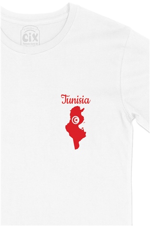Tunus Haritalı ve Bayraklı Cep Logo Tasarımlı Beyaz Tişört