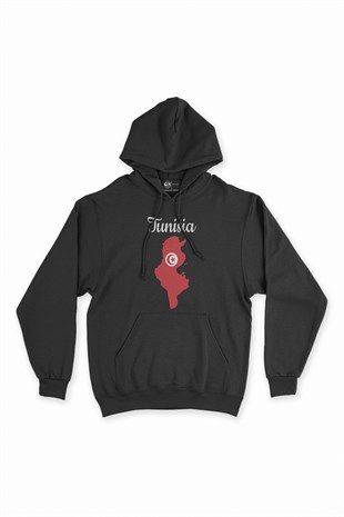 Tunus Haritalı ve Bayraklı Siyah Kapşonlu Sweatshirt Hoodie