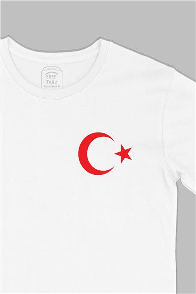 Türk Bayrağı Ay Yıldız Baskılı Cep Tasarım Beyaz Tişört