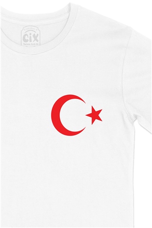 Türk Bayrağı Cep Logo Tasarımlı Beyaz Tişört