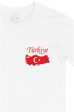 Türkiye Haritalı ve Bayraklı Cep Logo Tasarımlı Beyaz Tişört
