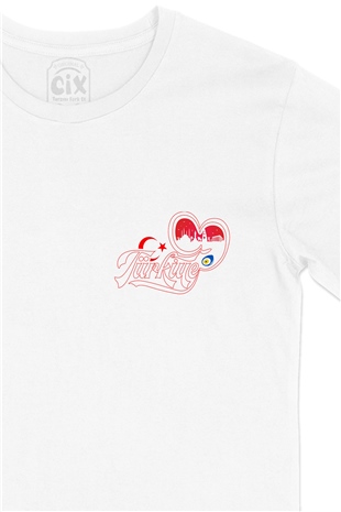 Türkiye Kalpli Cep Logo Tasarımlı Beyaz Tişört