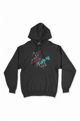 Türkiye Şehirleri Siyah Kapşonlu Sweatshirt Hoodie