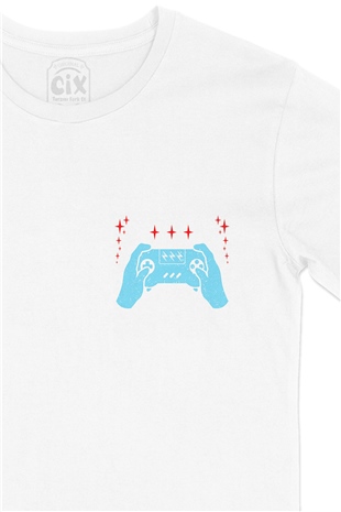 Turkuaz Joystick Cep Logo Tasarımlı Beyaz Tişört