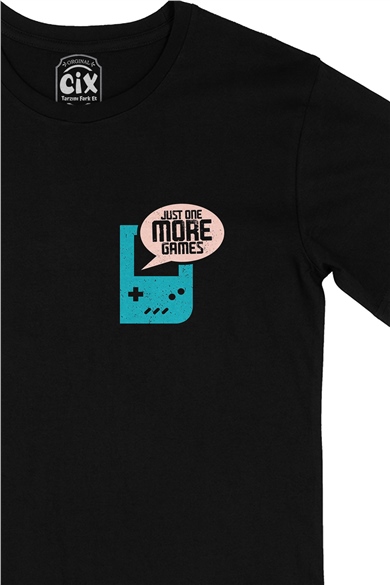 Turkuaz Just One More Game Cep Logo Tasarımlı Siyah Tişört