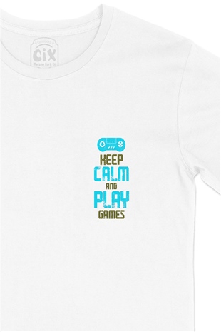 Turkuaz Keep Calm Play Game Cep Logo Tasarımlı Beyaz Tişört