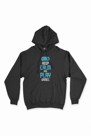 Turkuaz Keep Calm Play Game Siyah Kapşonlu Sweatshirt Hoodie