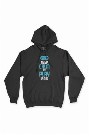 Turkuaz Keep Calm Play Game Siyah Kapşonlu Sweatshirt Hoodie