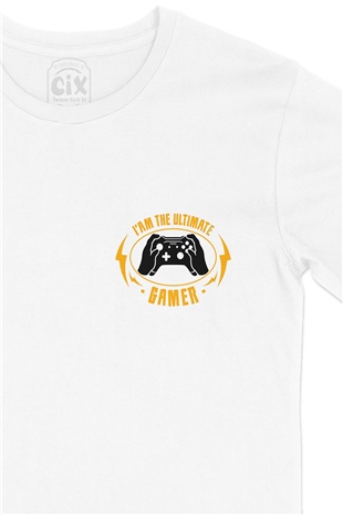 Turuncu Ultimate Gamer Cep Logo Tasarımlı Beyaz Tişört