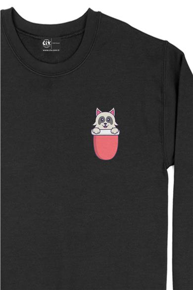 Tüylü Köpek Cep Tasarım Baskılı Sweatshirt
