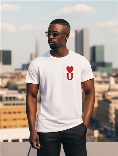 U Harf Baskılı Kalpli Beyaz Tişört
