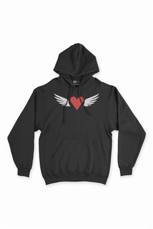 Uçan Kalp Kanatlı Siyah Sweatshirt Hoodie
