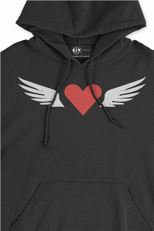 Uçan Kalp Kanatlı Siyah Sweatshirt Hoodie